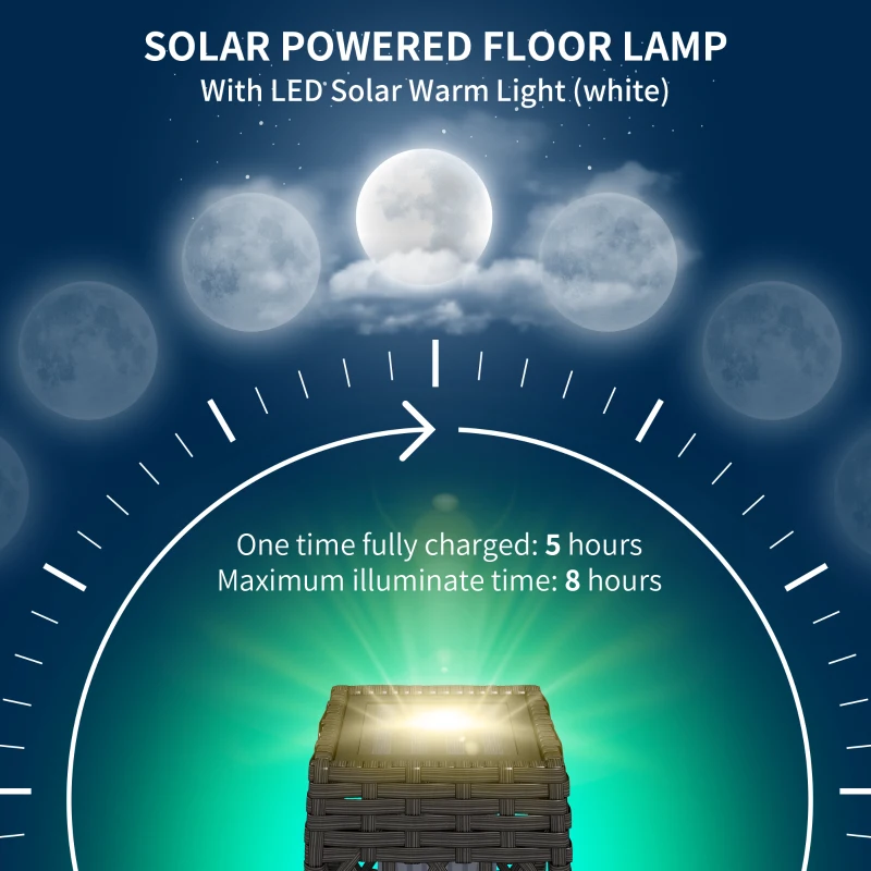 Outsunny Lampa solarna rattanowa, lampa solarna z czujnikiem światła, anty-UV, wodoodporna lampa ogrodowa LED do balkonu, tarasu, stalowa, szara