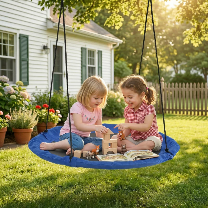 Outsunny Balançoire nid d'oiseau Ronde balançoire Panier Ø 110 cm 4 Anneaux Inclus métal époxy Oxford Haute densité Bleu