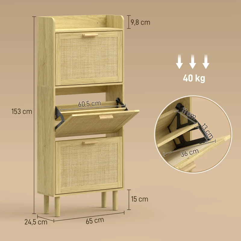 HOMCOM Sapateira com 3 Gavetas Rebatíveis e Prateleira Aberta para 12-18 Pares de Sapatos 65x24,5x153 cm Carvalho