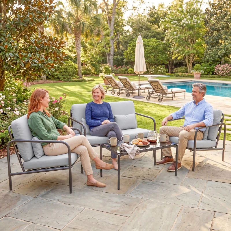 Outsunny Set de salón de jardín 4 piezas en acero con sofá 2 plazas, 2 sillones, mesa, cojines, Gris claro