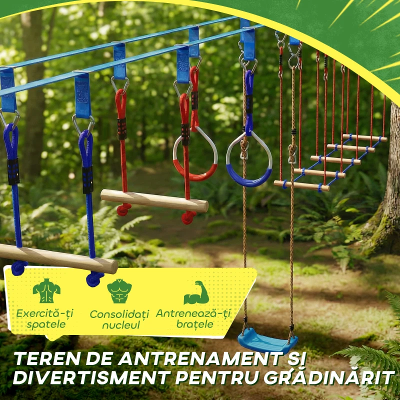 AIYAPLAY Ninja Line Set Slackline copii 24 m cu inele gimnastice, 7 obstacole, bară de cățărat, pod de echilibru pentru 3-6 ani Roșu+Albastru
