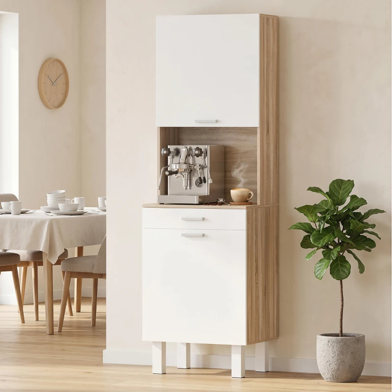 HOMCOM Hoher Küchenschrank, Küchenschrank mit 2 Türen, Schublade und Arbeitsfläche, 55x40x174 cm, weiß und Naturholz