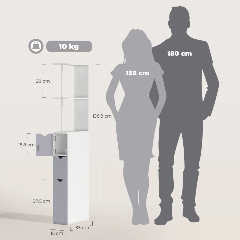 HOMCOM Tall Bathroom Cabinet, Freestanding Slim Bathroom Storage Cabinet with 2-Tier Open Shelf and 2 Drawers for Small Space, Narrow Cupboard Storage Unit, White and Grey