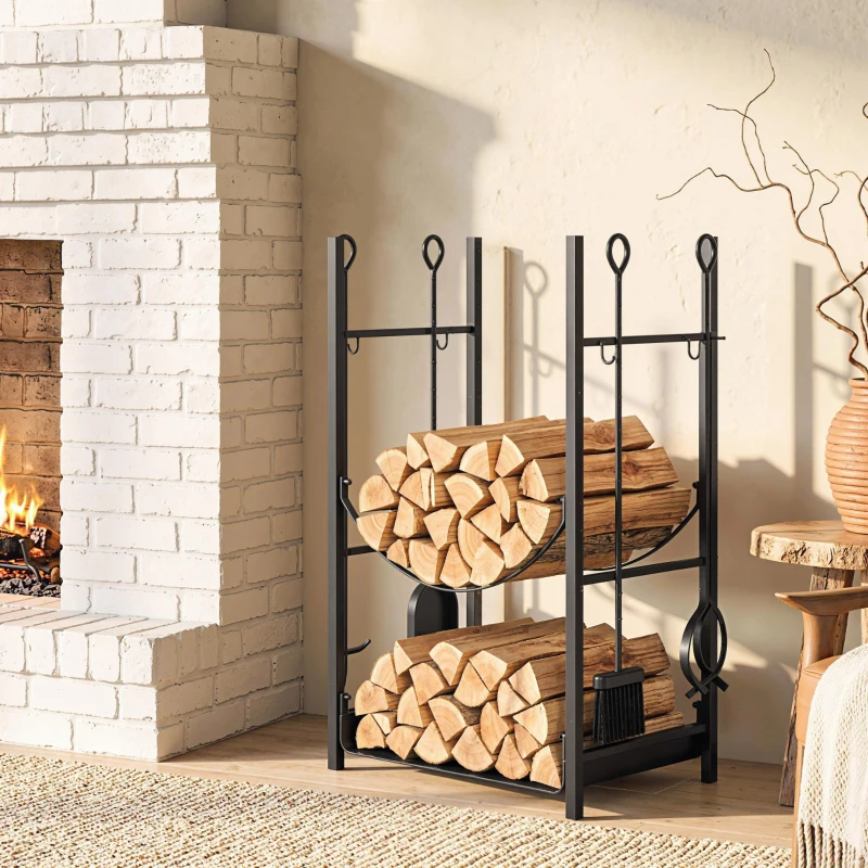 Outsunny Portalegna da Interno ed Esterno Rialzato a 2 Ripiani, Porta Legna da Ardere in Metallo con Supporti Rimovibili, Paletta, Scopa, Attizzatoio e Pinza, Capacità 70 kg, 44.5x29.5x73 cm, Nero
