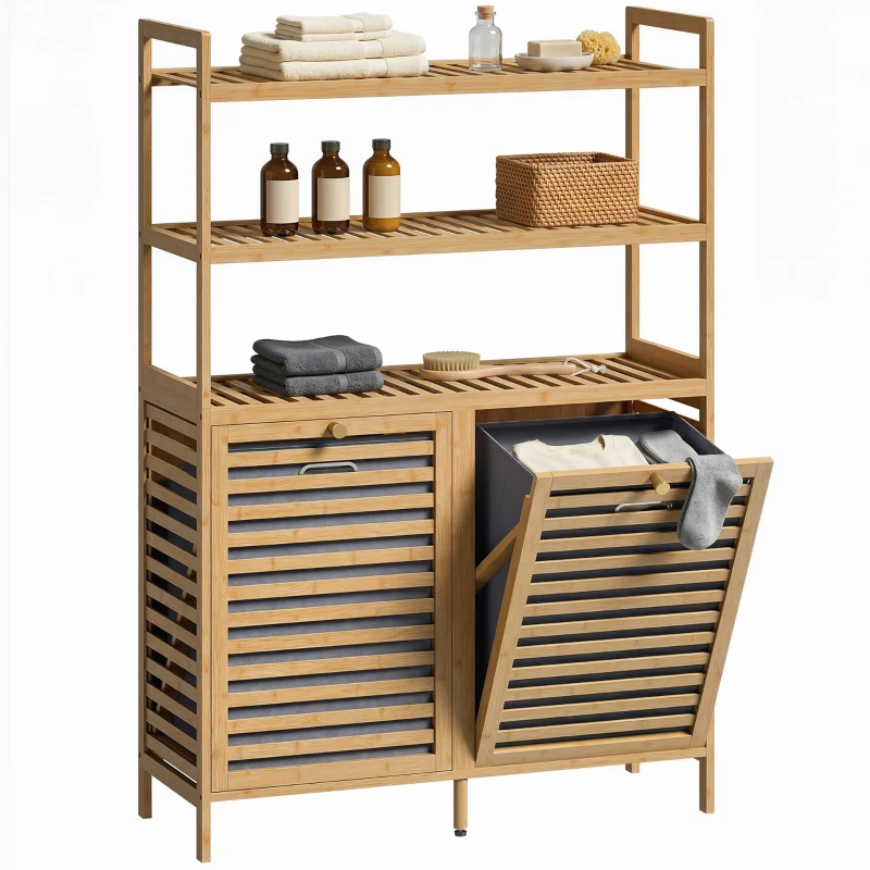 HOMCOM Meuble de salle de bain avec panier à linge en bambou avec 2 paniers amovibles et étagères à 3 niveaux, chêne