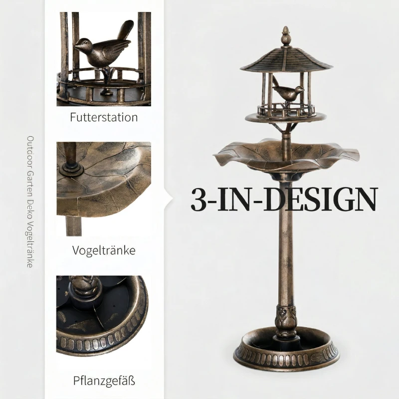 Outsunny Baie pentru păsări, adăpătoare și ghiveci 3 în 1 dim. Ø 50 x 113H cm polipropilenă bronz antic