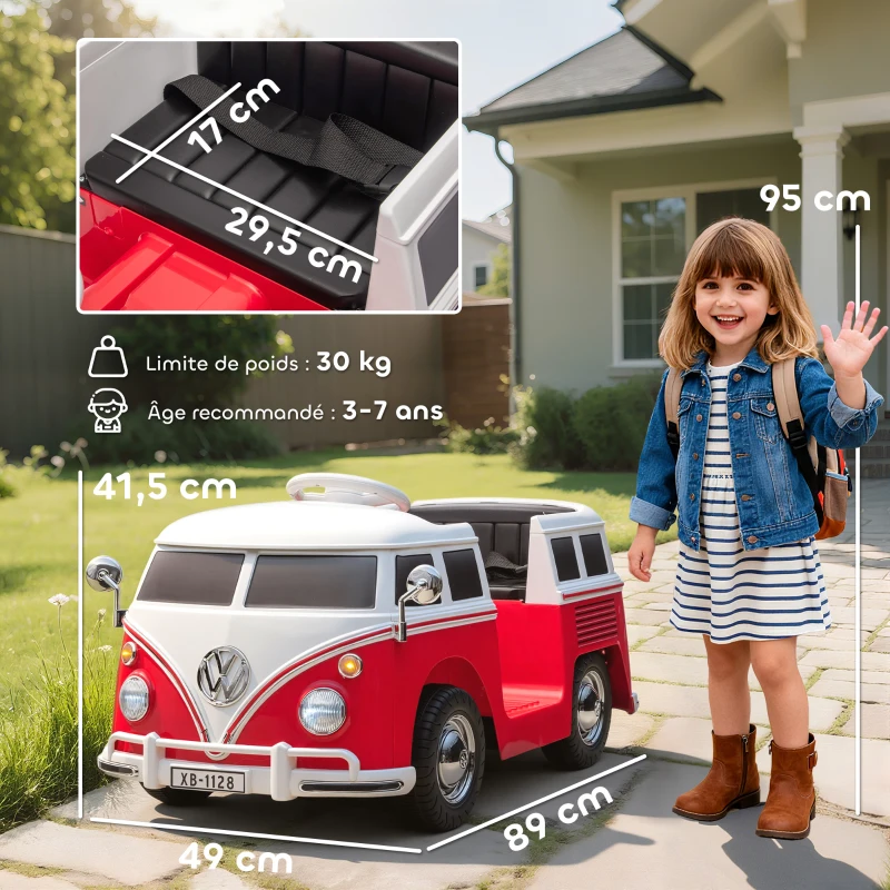 AIYAPLAY Voiture électrique enfant Volkswagen T1 sous licence officielle 12 V avec 2 moteurs démarrage doux 89x49x41,5cm rouge(m-3)