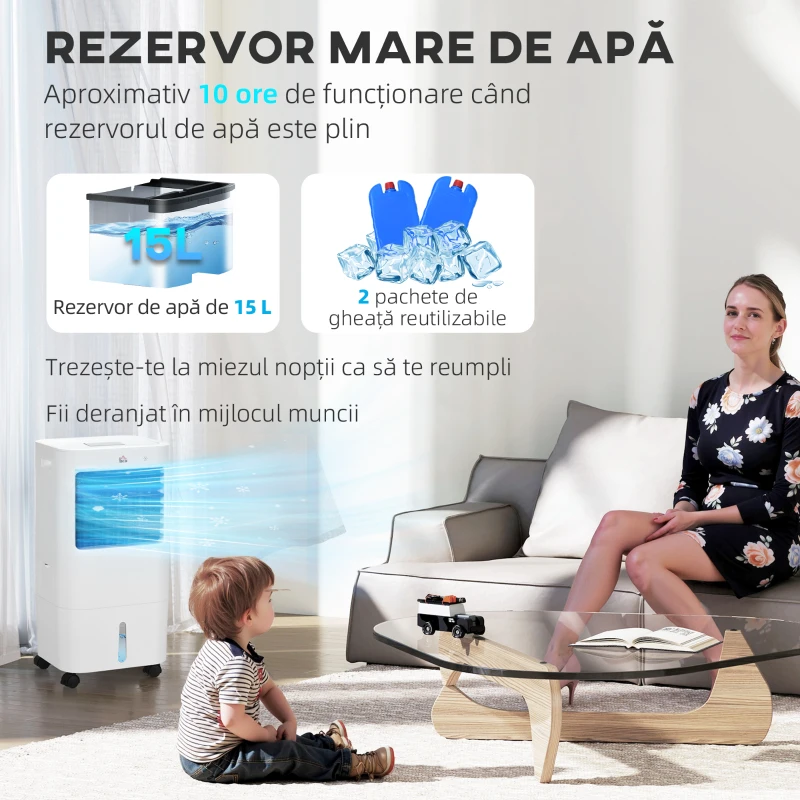 HOMCOM Răcitor Evaporativ și Ventilator cu Gheață 3 în 1 cu 3 Viteze și Cronometru, 32x37x74 cm, Alb