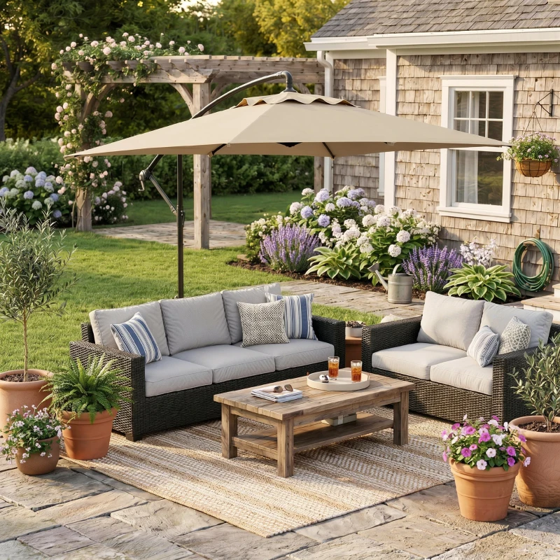 Outsunny Sombrilla Excéntrica para Jardín Grande Apertura con Manivela Poste de Metal y Base Cruzada 294x193x250 cm Beige