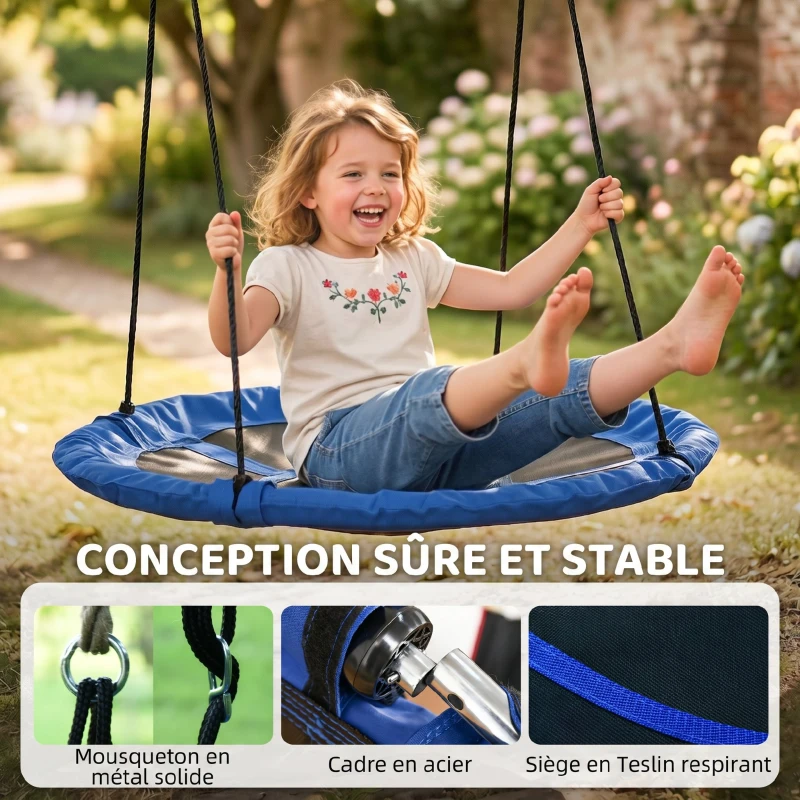 Outsunny Balançoire nid d'oiseau Ronde balançoire Panier Ø 110 cm 4 Anneaux Inclus métal époxy Oxford Haute densité Bleu