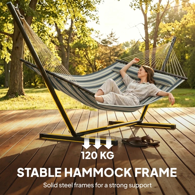 Outsunny Outdoor Hammock with Stand Detachable Pillow Striped Swing Steel Frame, for Garden, Patio, Green