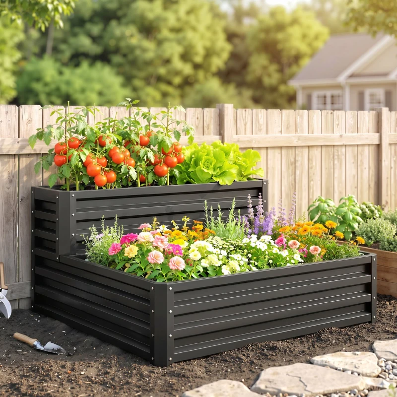 Outsunny Letto per Orto Rialzato a 2 Livelli in Acciaio con Fondo Aperto, 120x101x58cm, Grigio Scuro