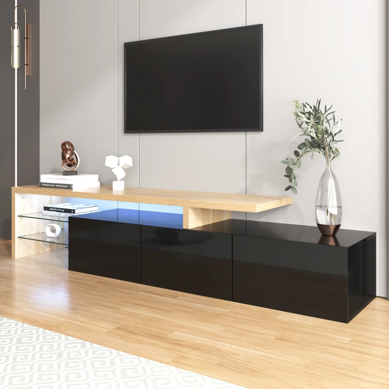 Móvel de TV Moderno com Amplo Espaço de Armazenamento e Iluminação LED 197x39x42 cm, Preto e Madeira