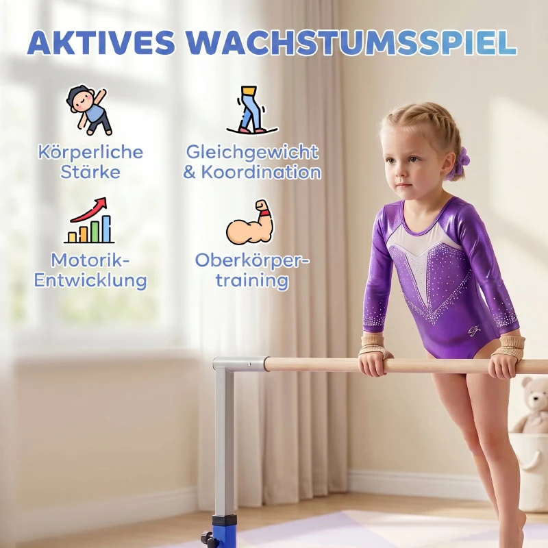 HOMCOM Barra de Ginástica para Crianças com Altura Ajustável 92-150 cm Barra Horizontal de Ginástica 194x121x150 cm Azul