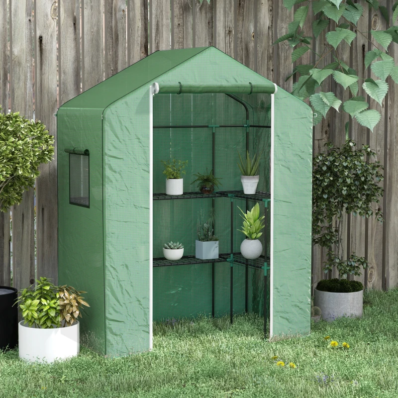 Outsunny Serre de jardin avec 1 porte, 2 fenetres et 2 étagères en forme de U pour Légumes Plantes Fleurs Bâche PE 140x73x190 cm