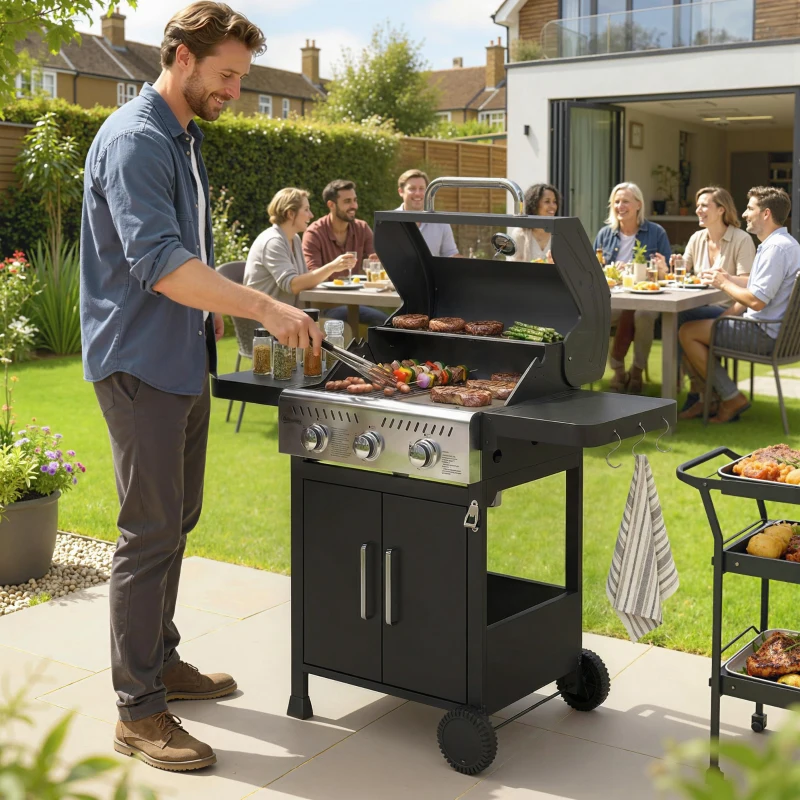 Outsunny Barbacoa de Gas con 3 Quemadores 7,5 kW Termómetro Parrilla Plancha Mesas Laterales Armario Ruedas 125x57x110 cm Negro