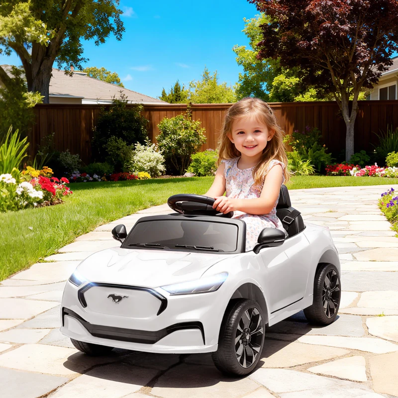 AIYAPLAY Voiture électrique enfant Ford Mustang Mach-E sous licence officielle 12 V télécommande 2,4 G 2 moteurs 92x55x44cm blanc