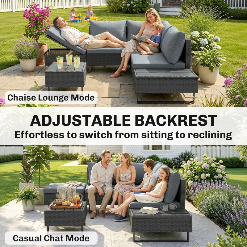 Outsunny 5 Seater Rattan Garden Furniture Set, L Shaped Garden Corner Sofa, Adjustable Back, Faux Wood Table, Dark Grey