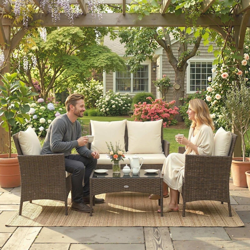 Outsunny Conjunto de Jardín Exterior de Ratán 4 Piezas Incluye Sofá de 2 Plazas 2 Sillas Mesa de Vidrio Cojines Lavables Marrón