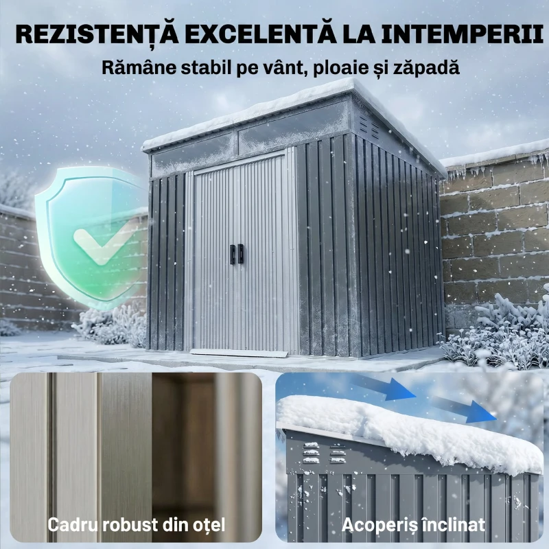 Outsunny Căsuță de Grădină pentru Unelte cu 4 Ferestre și 2 Cârlige, din Oțel Zincat, 195x122x181.5 cm, Gri