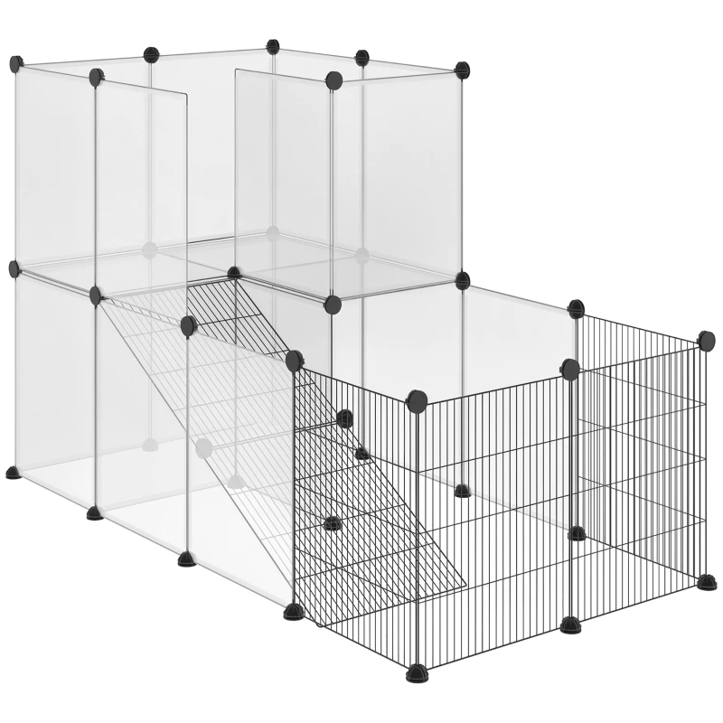 PawHut Enclos lapin interieur, 2 niveaux, parc modulable pour petits animaux, 27pcs, 140 x 70 x 90 cm, noir