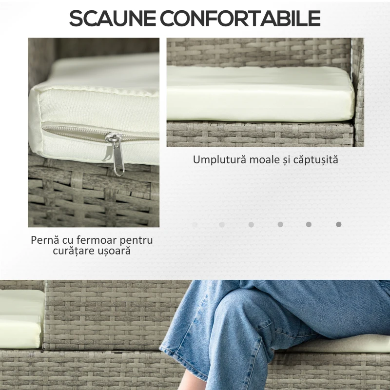 Outsunny Bancă din ratan pentru 2 persoane pentru grădină, scaun împletit pentru curte cu masă de ceai din sticlă