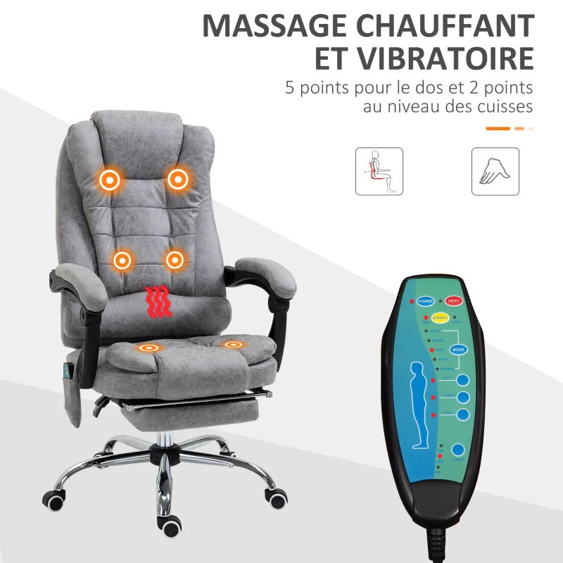 Vinsetto Fauteuil de bureau direction massant chauffant hauteur réglable dossier inclinable toile de microfibre gris(m-4)