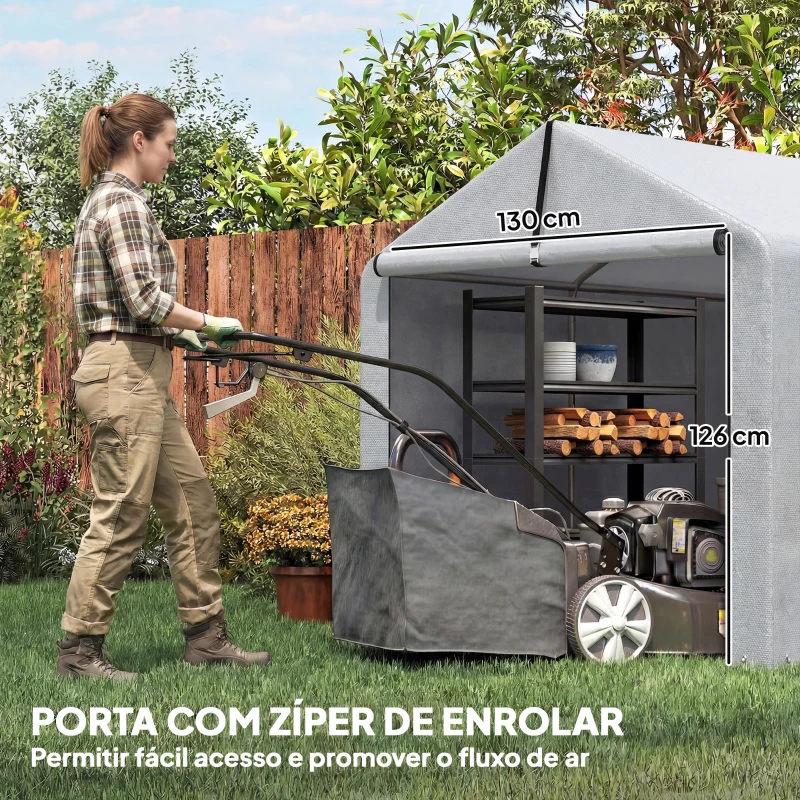 Outsunny Tenda de Jardim Exterior para Ferramentas e Bicicletas com Estrutura de Aço Galvanizado e Porta Enrolável, Cinzento