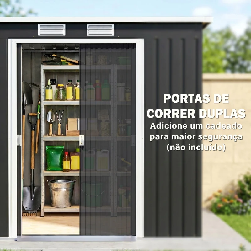 Outsunny Abrigo de Jardim 213x130x173  Abrigo de Exterior de Aço Galvanizado com Porta Corredeira para Armazenamento Cinza Escuro