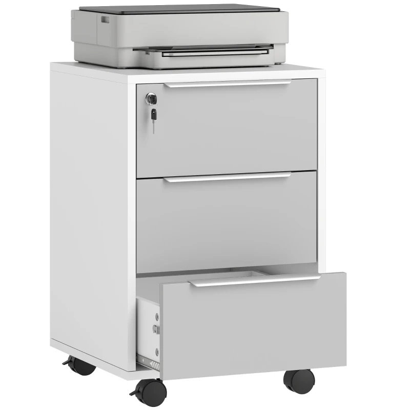 HOMCOM Schedario per Ufficio a 3 Cassetti con Chiavi di Sicurezza e 4 Ruote, in Legno, 40x40x63.5 cm, Bianco e Grigio