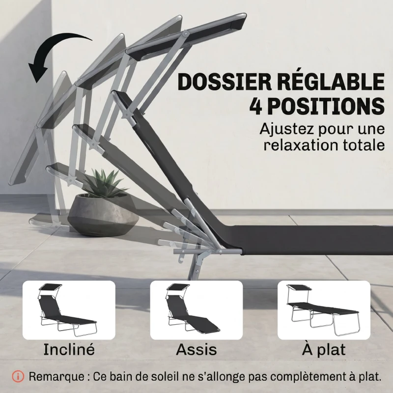 Outsunny Transat Bain de Soleil Pliable Chaise Longue Pliante Grand Confort Dossier Inclinable Multi-positions et Pare-Soleil réglable Dim. 187L x 58l x 36H cm Noir