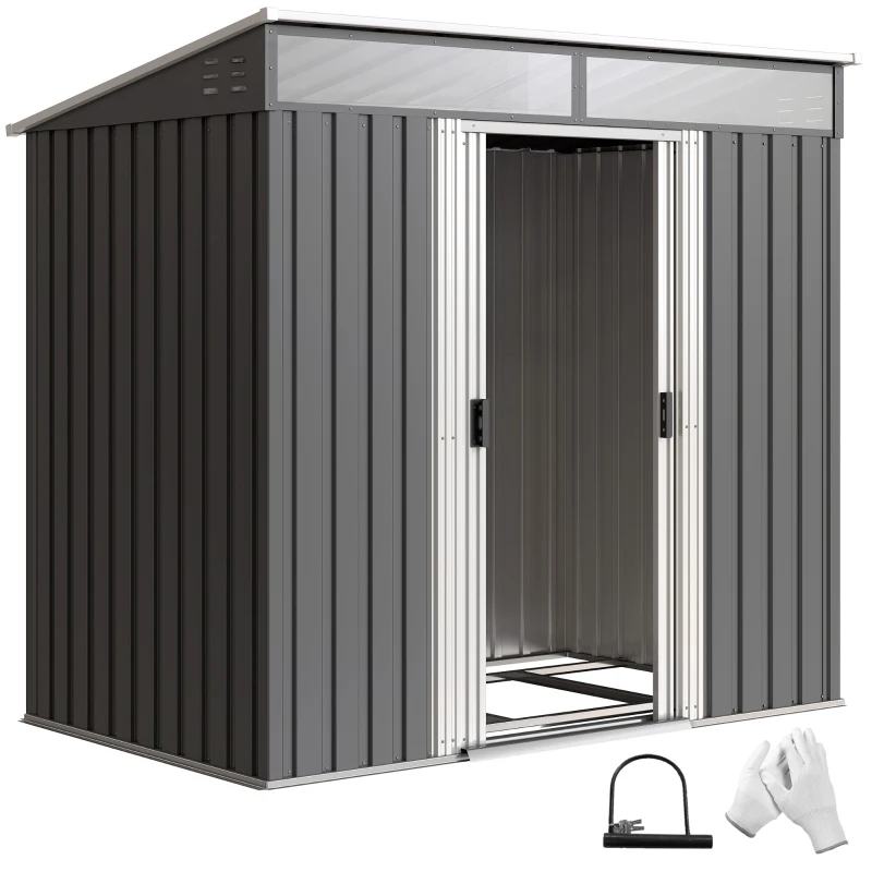Outsunny Abrigo de Jardim 2 m² 195x122x181,5 cm Abrigo de Armazenamento Metálico com Porta de Correr e 2 Janelas Cinza Escuro
