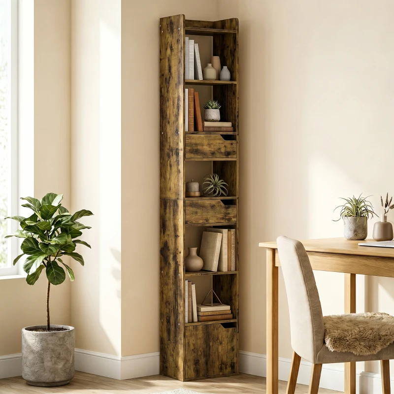 HOMCOM Bookcase Tall Narrow with 5 Tiers and Drawers Freestanding Bookshelf Storage Cabinet for Living Room Rustic Brown