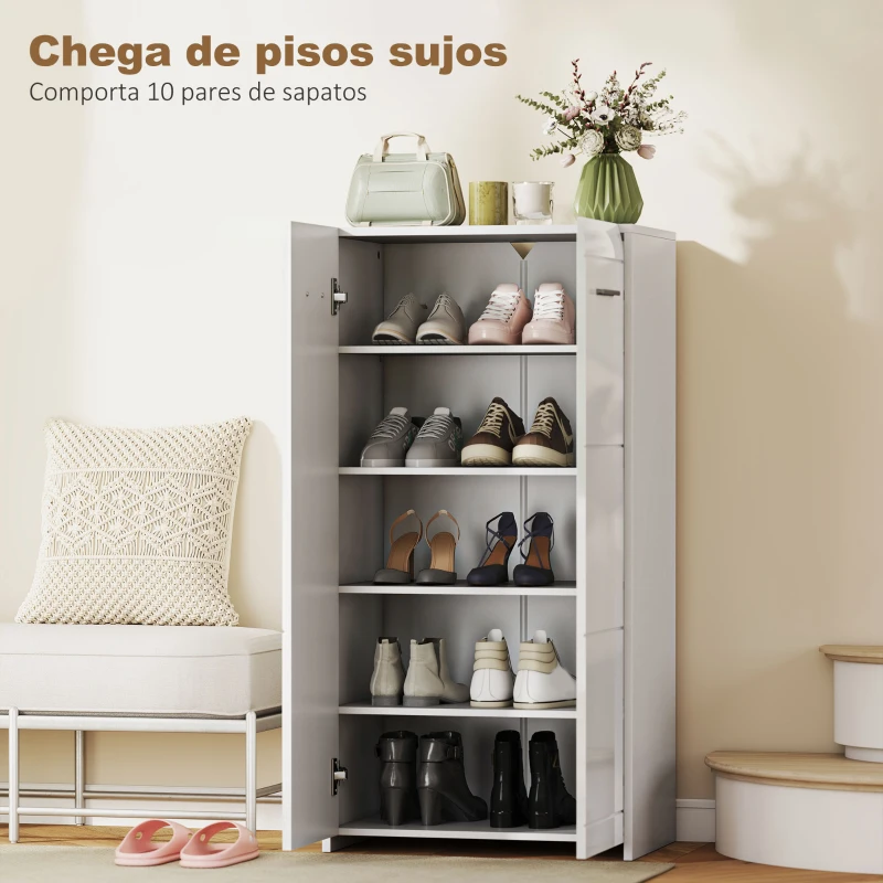 HOMCOM Sapateira Armário para Sapatos Moderno com Prateleiras Ajustáveis para 10 Pares de Sapatos 55x36x108 cm Branco Brilhante