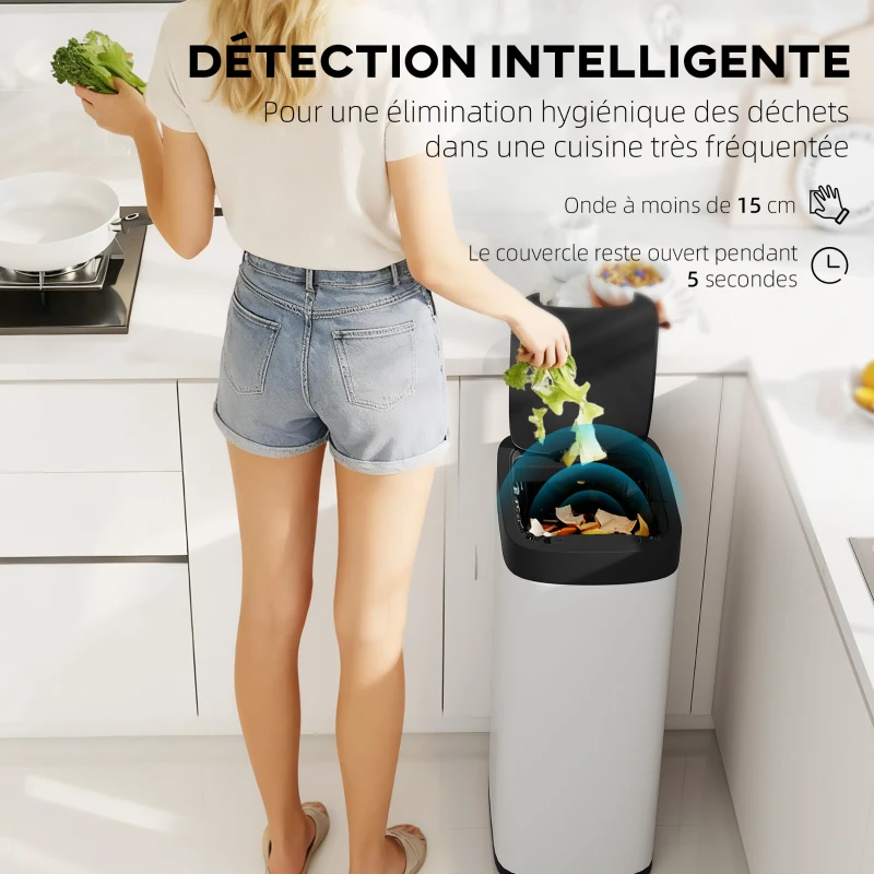 HOMCOM Poubelle de cuisine automatique 50L, poubelle à capteur de mouvement, fonctionne sur piles, 26,5x35,5x68cm, crème