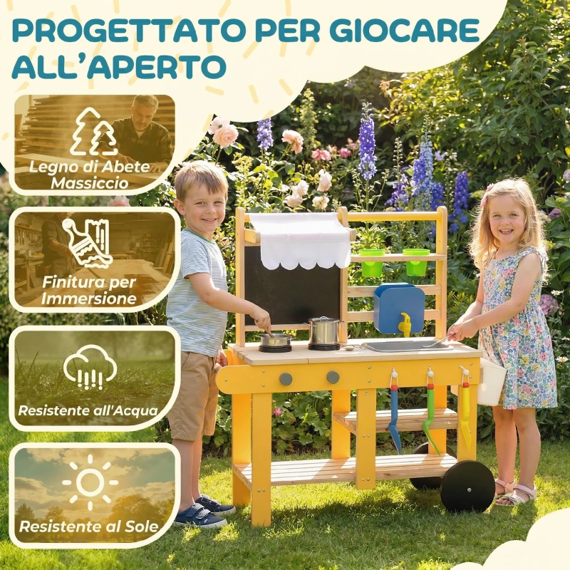 AIYAPLAY Cucina Giocattolo in Legno per Bambini con 15 Accessori, da Interno ed Esterno, Giallo
