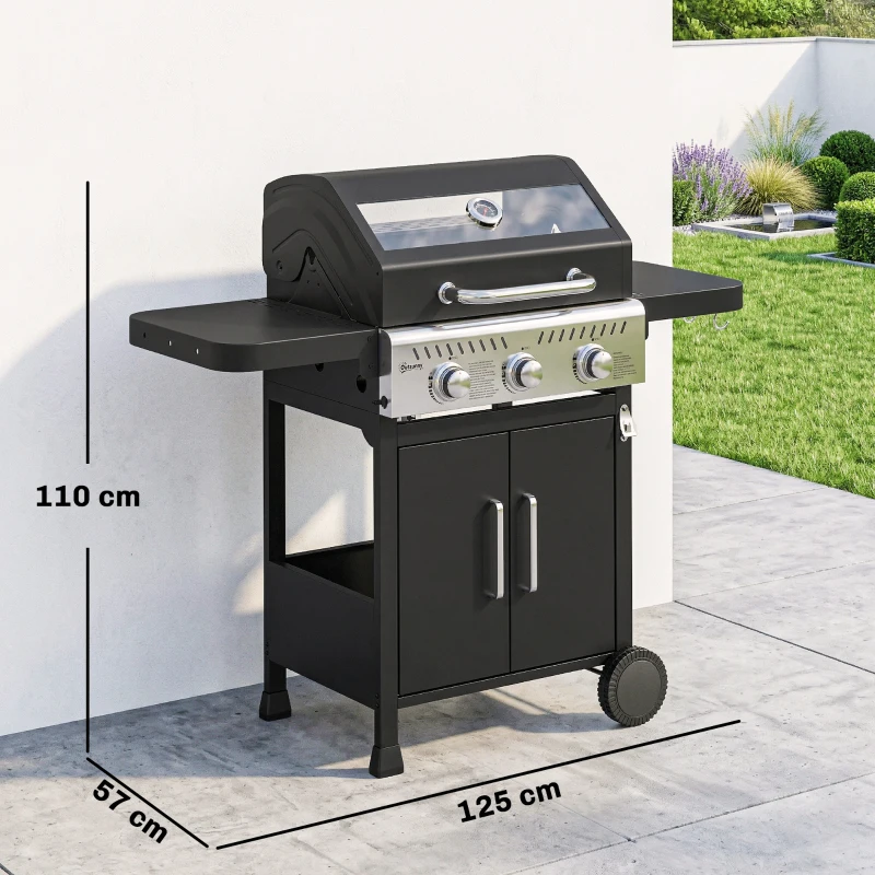 Outsunny Barbacoa de Gas con 3 Quemadores 7,5 kW Termómetro Parrilla Plancha Mesas Laterales Armario Ruedas 125x57x110 cm Negro