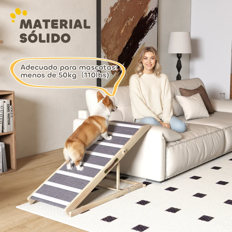 PawHut Rampa para Perros Plegable y Altura Ajustable 41-60 cm Rampa para Mascotas de Madera con Alfombrilla Antideslizante