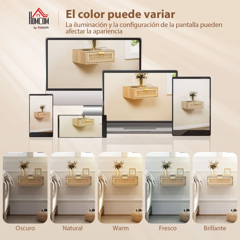 HOMCOM Juego de 2 Mesitas de Noche Flotantes con Cajón de Ratán Ahorra Espacio Diseño Moderno 40x30x15 cm Natural