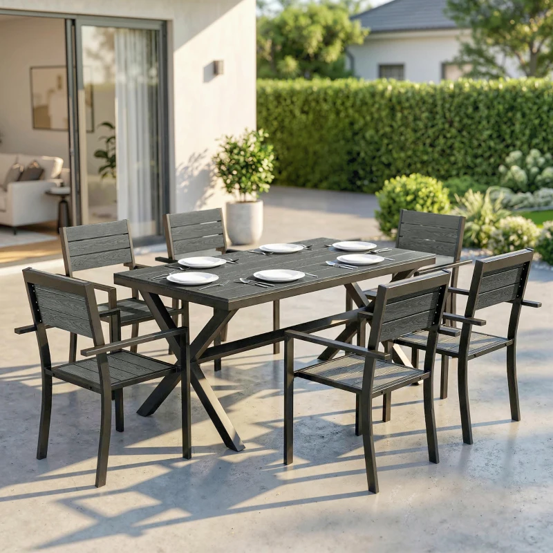Outsunny Ensemble de Salle à Manger Extérieur 7 Pièces pour 6 Personnes, Table et Chaises Empilables avec Lattes Effet Bois, Cadre en Aluminium, Gris