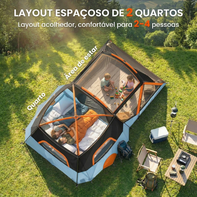 Outsunny Tenda de Campismo Familiar Tipo Túnel para 4 Pessoas com 2 Quartos, Portas e Claraboias Impermeável 530x380x220 cm Multicor