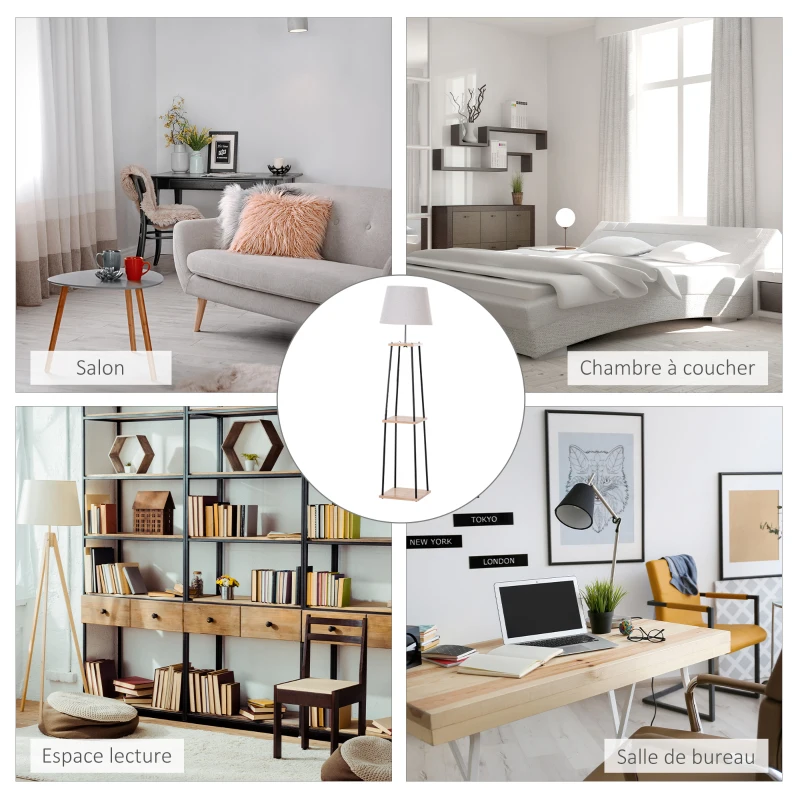 HOMCOM Lampadaire design contemporain dim. 40L x 40l x 160H cm 40 W max. 3 étagères intégrées bois massif pin métal noir lin beige