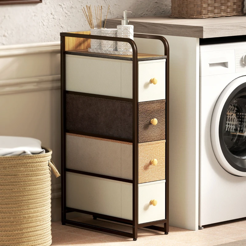 HOMCOM Commode avec 4 tiroirs en tissu pliables, commode chambre plateau et cadre en acier, 20 x 47 x 84,5 cm, multicolore