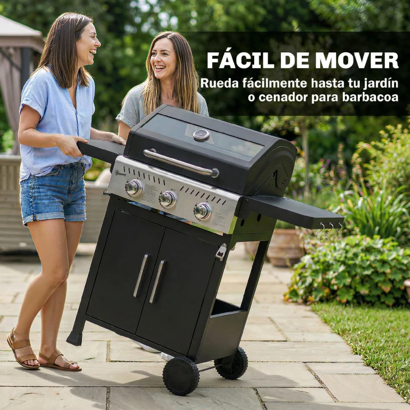 Outsunny Barbacoa de Gas con 3 Quemadores 7,5 kW Termómetro Parrilla Plancha Mesas Laterales Armario Ruedas 125x57x110 cm Negro