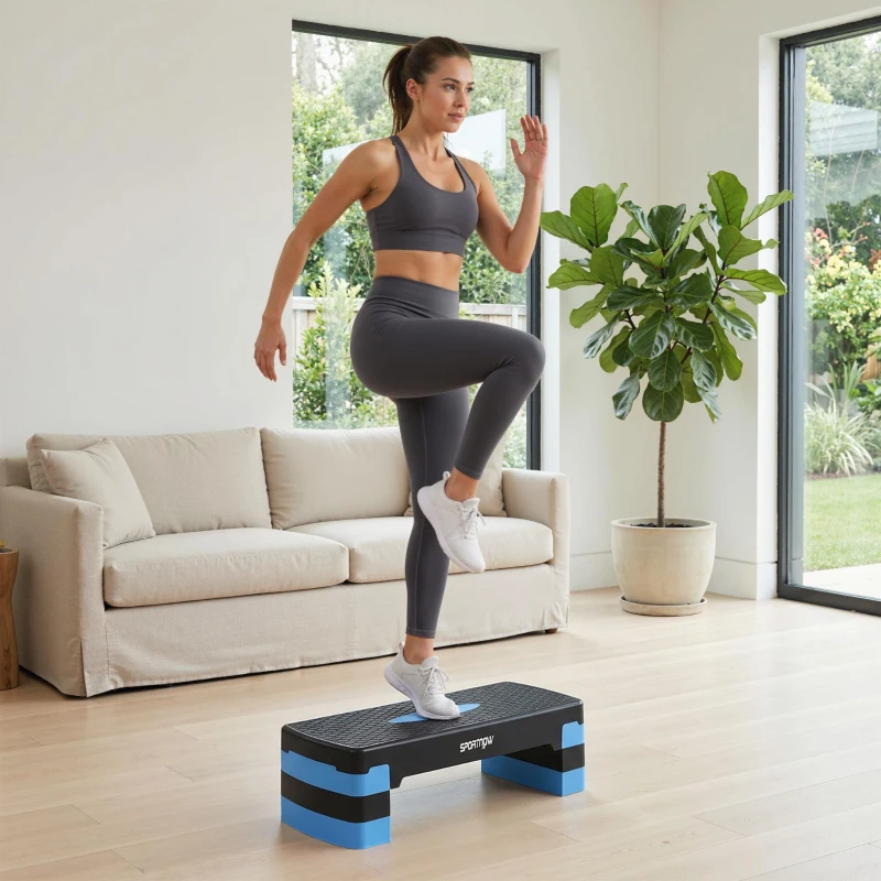 SPORTNOW Stepper Fitness Aérobic 3 Niveaux, Hauteur Réglable 10/15/20 cm avec Rehausses, Surface Antidérapante, 68x29x20cm, Bleu