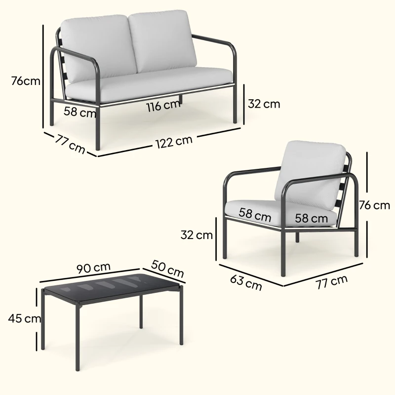 Outsunny 4-teiliges Gartenlounge-Set aus Stahl mit Zweisitzer, 2 Sesseln, Tisch, Polstern, Hellgrau