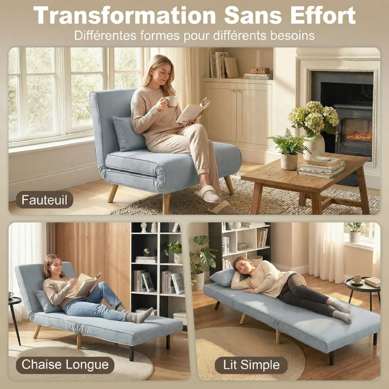 HOMCOM Fauteuil chauffeuse convertible 3 en 1 lit fauteuil lit 1 place dossier 5 positions en tissu avec coussin, gris