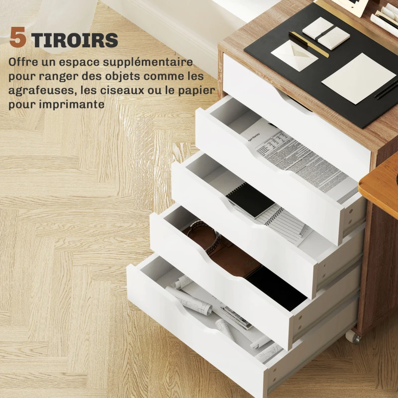 Vinsetto Caisson bureau mobile, meuble rangement bureau sur roulettes, 5 tiroirs, 47,5 x 39,5 x 67,5 cm, blanc et chêne