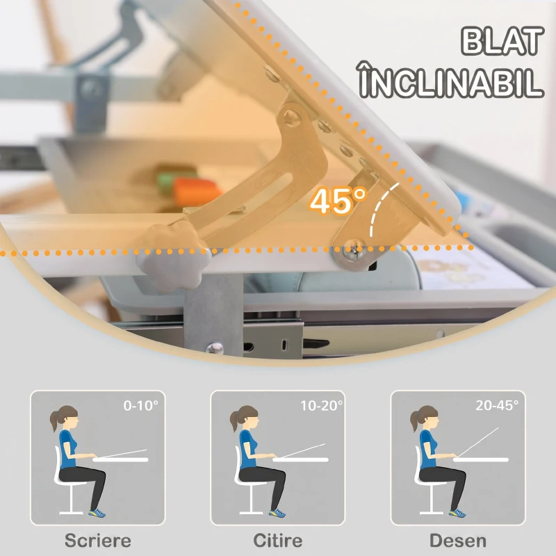 HOMCOM Birou de școală pentru copii de 6-12 ani cu scaun reglabil pe înălțime, blat înclinabil, 66x47x52-77 cm, Gri