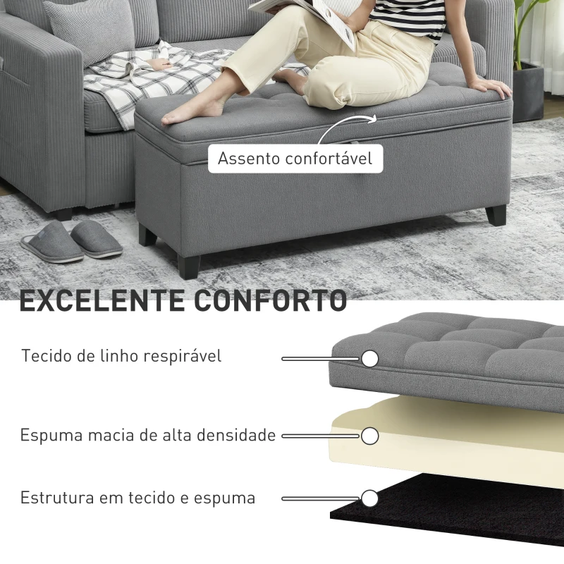 HOMCOM Banco de Armazenamento com 2 Dobradiças de Segurança Tampa Rebatível para Quarto Sala de Estar 120x40x48 cm Cinza Escuro